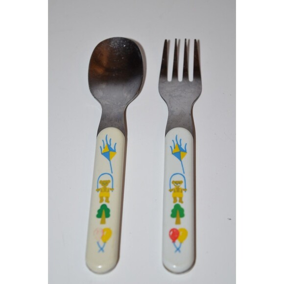 Vtg Teddy Bear flying Kite Spoon & Fork toddler Baby utensils - Picture 6 of 6